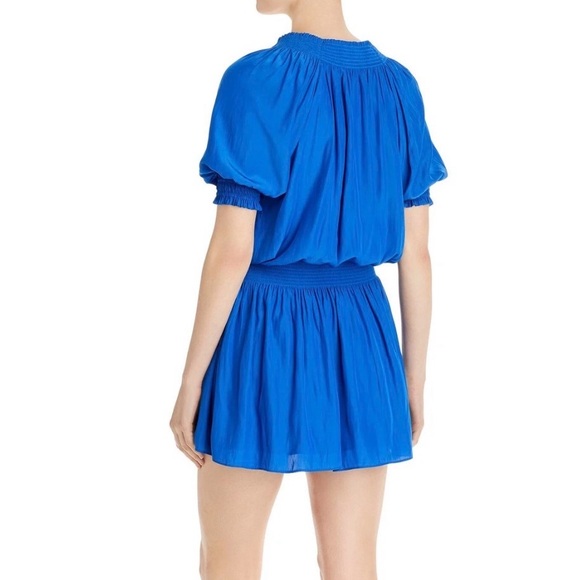 Ramy Brook Pierre Smocked Waist Elbow Sleeve Mosaic Blue Mini Dress, size m, NWT - Picture 3 of 12